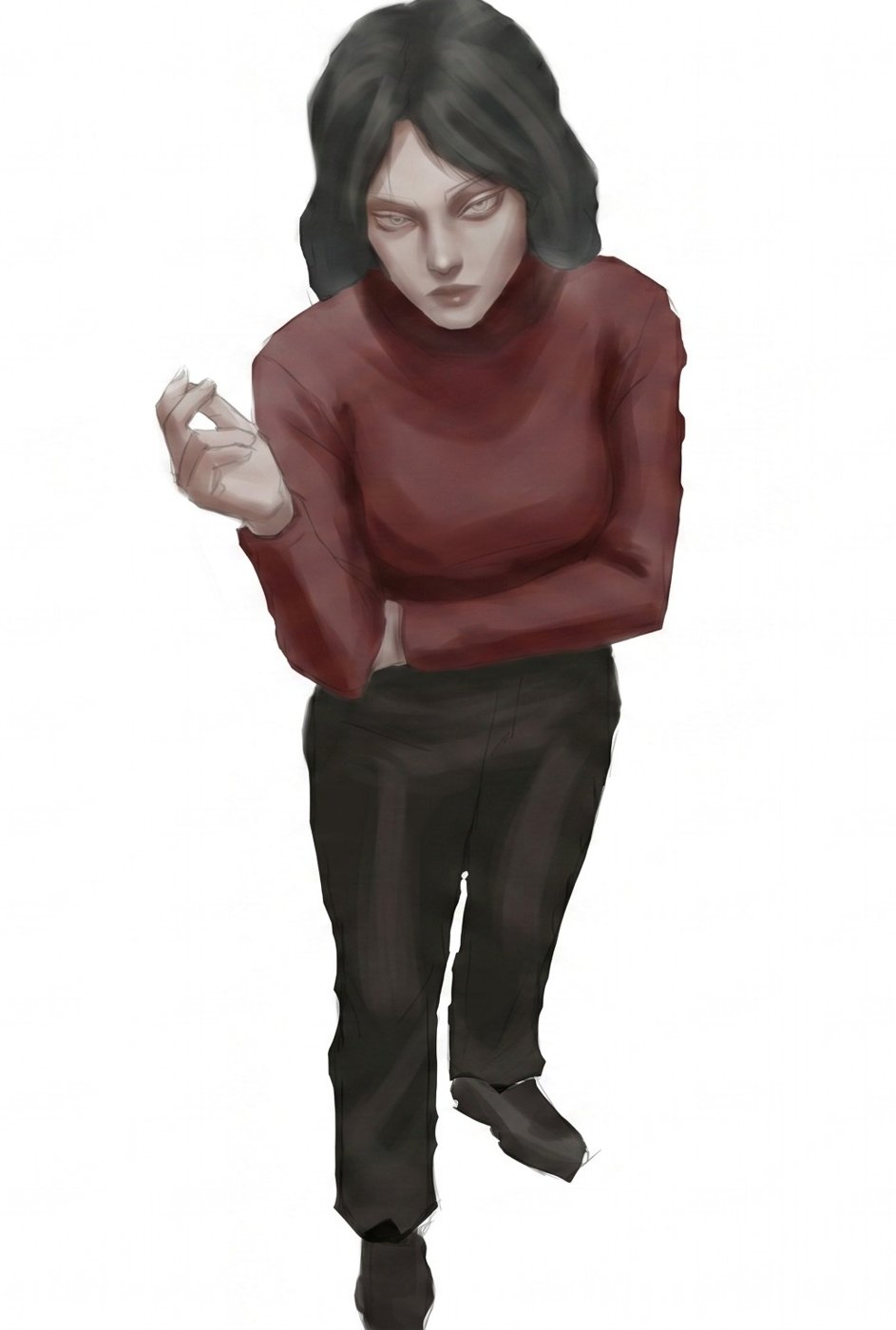 Ren, a painted figure in a red sweater, looking down