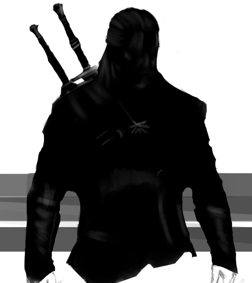 Geralt seen from behind in dark armour with two swords
