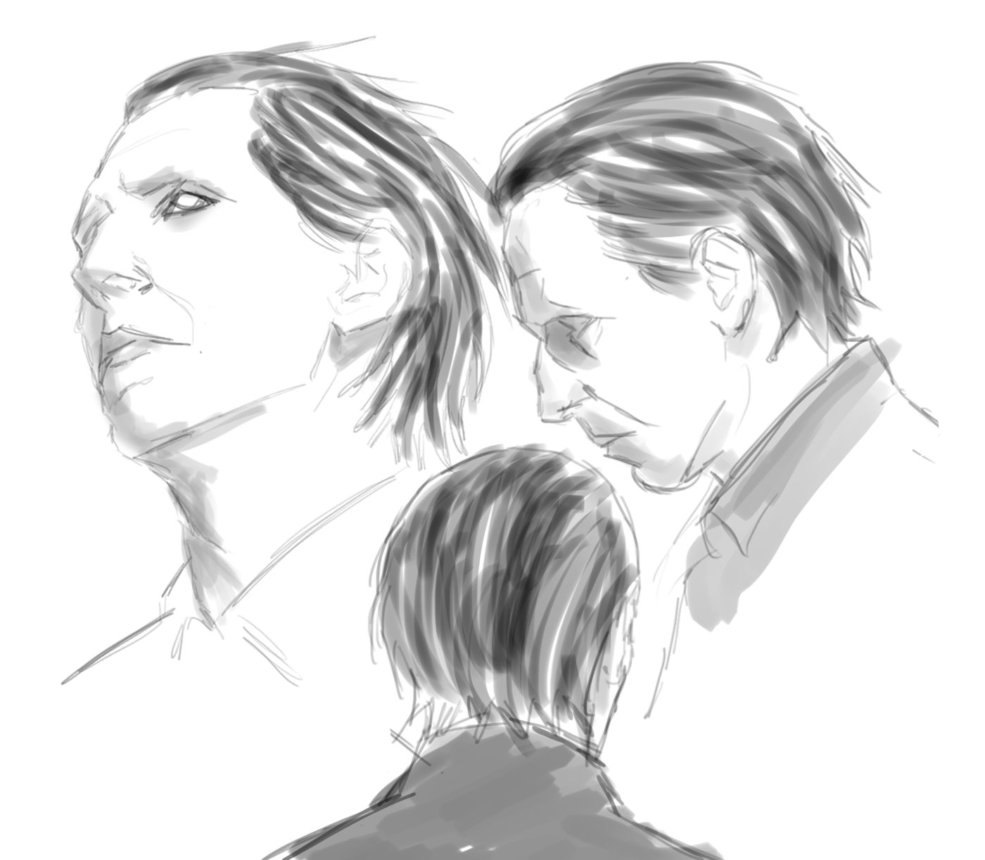 Three sketched heads of Marilyn Manson from different angles