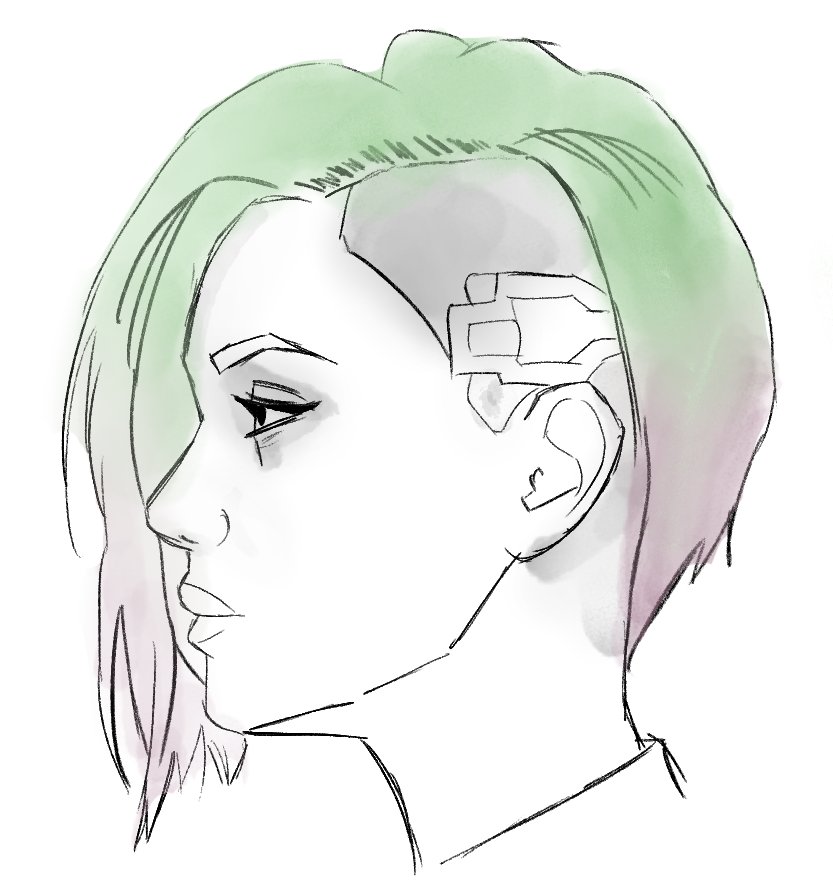 Profile of Judy with green and pink hair and a cybernetic implant