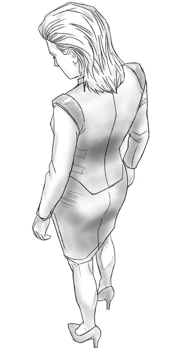 Meredith seen from behind in a fitted jacket