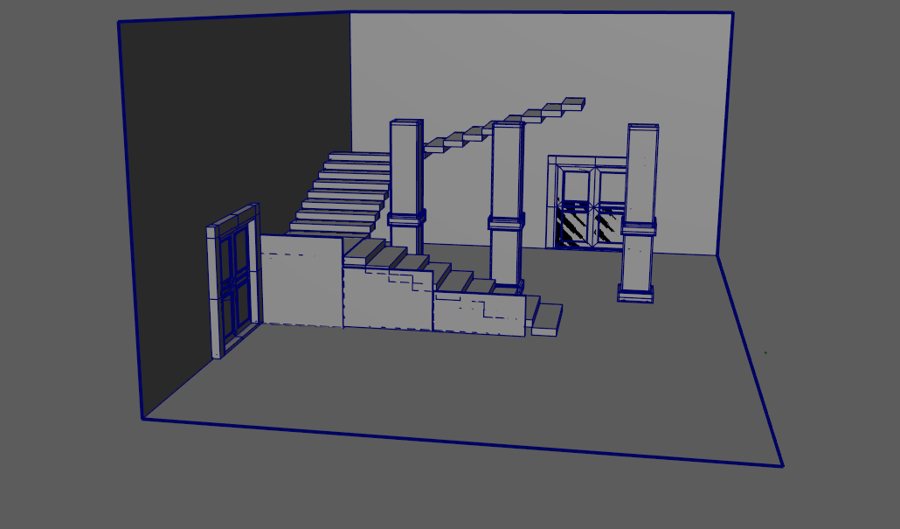 Interior room blockout with stairs and columns